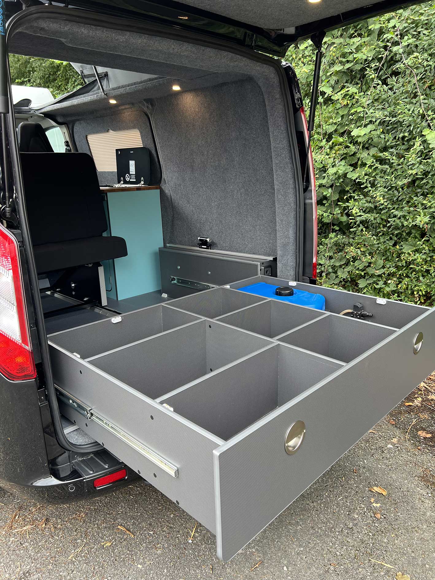 storage drawer in camper van conversion boot