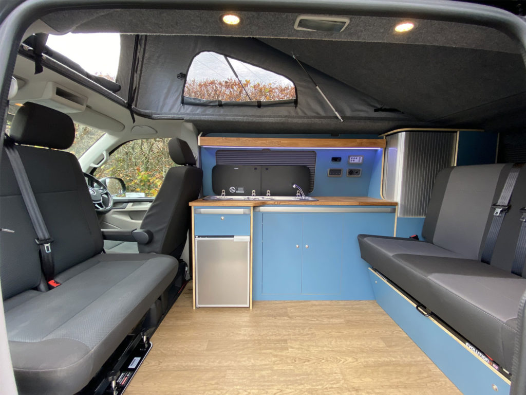 blue and grey styling in a campervan conversion