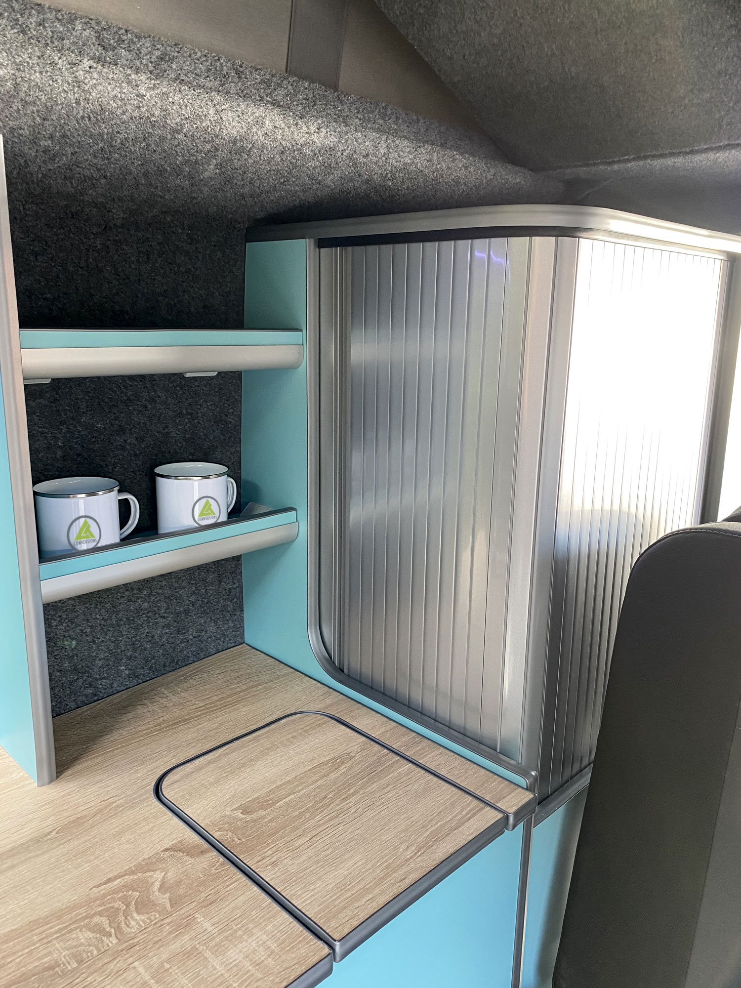 kitchen storage in columbus camper van conversion